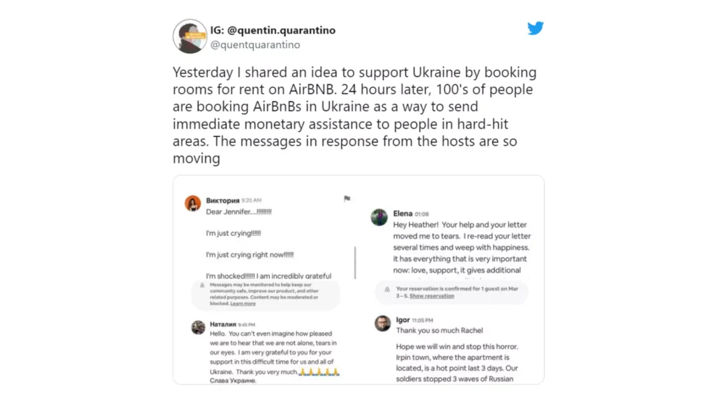 Tweet povzbuzující pomoc Ukrajině skrz Airbnb